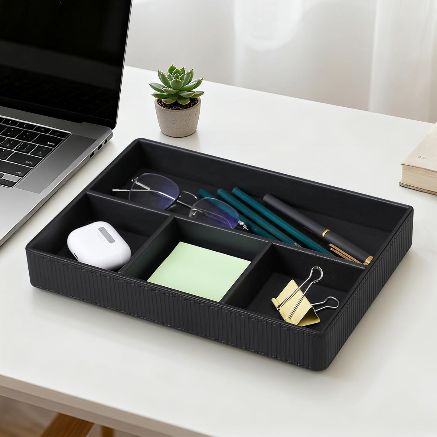 PU Leather Valet Tray, Decorative Trinket Vanity Desk Drawer Organizer Tray, Perfume Dish Catch All Bowl for Keys, Nightstand Drawer Organizer Women Men with 4 Compartments (Cream-White)