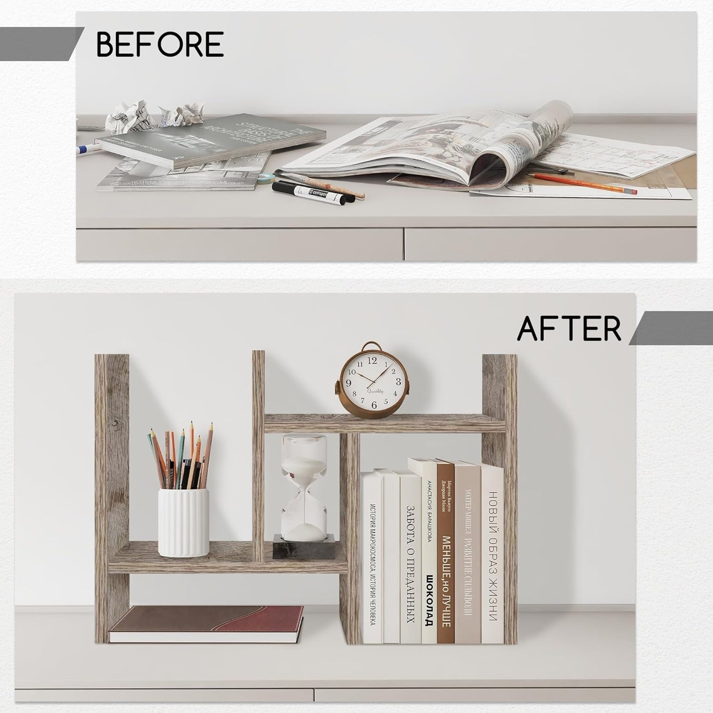Jerry & Maggie Desktop Organizer Office Storage Rack Adjustable Wood Display Shelf Free Style Double H, Multi-Functional Mini Bookshelf for Desk Natural Stand (Natural Wood Tone)