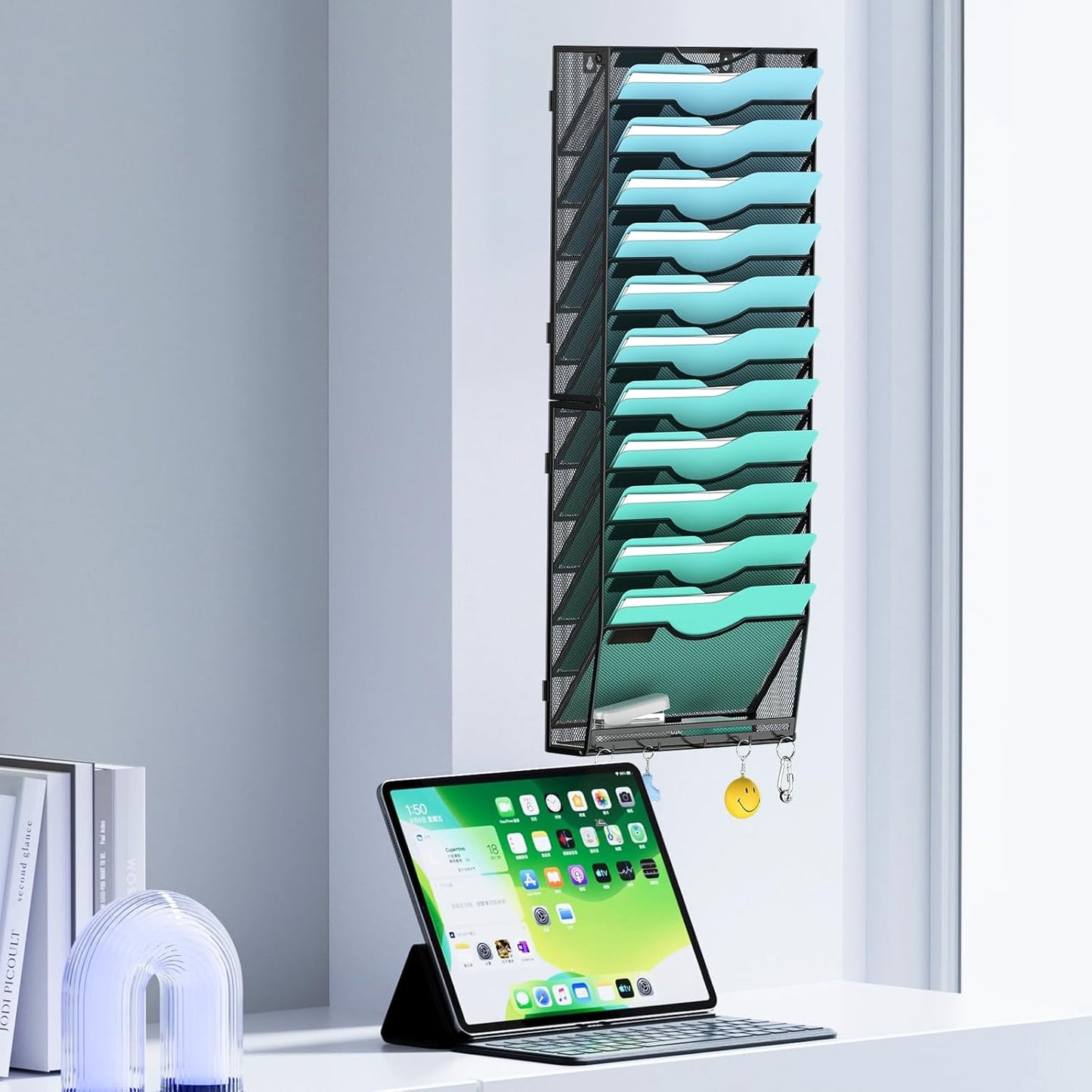 Gawerk 5 Tier Hanging Wall File Organizer, Mesh Mail Paper Orgnization Hanging File Folder Holder for Home Office, Black