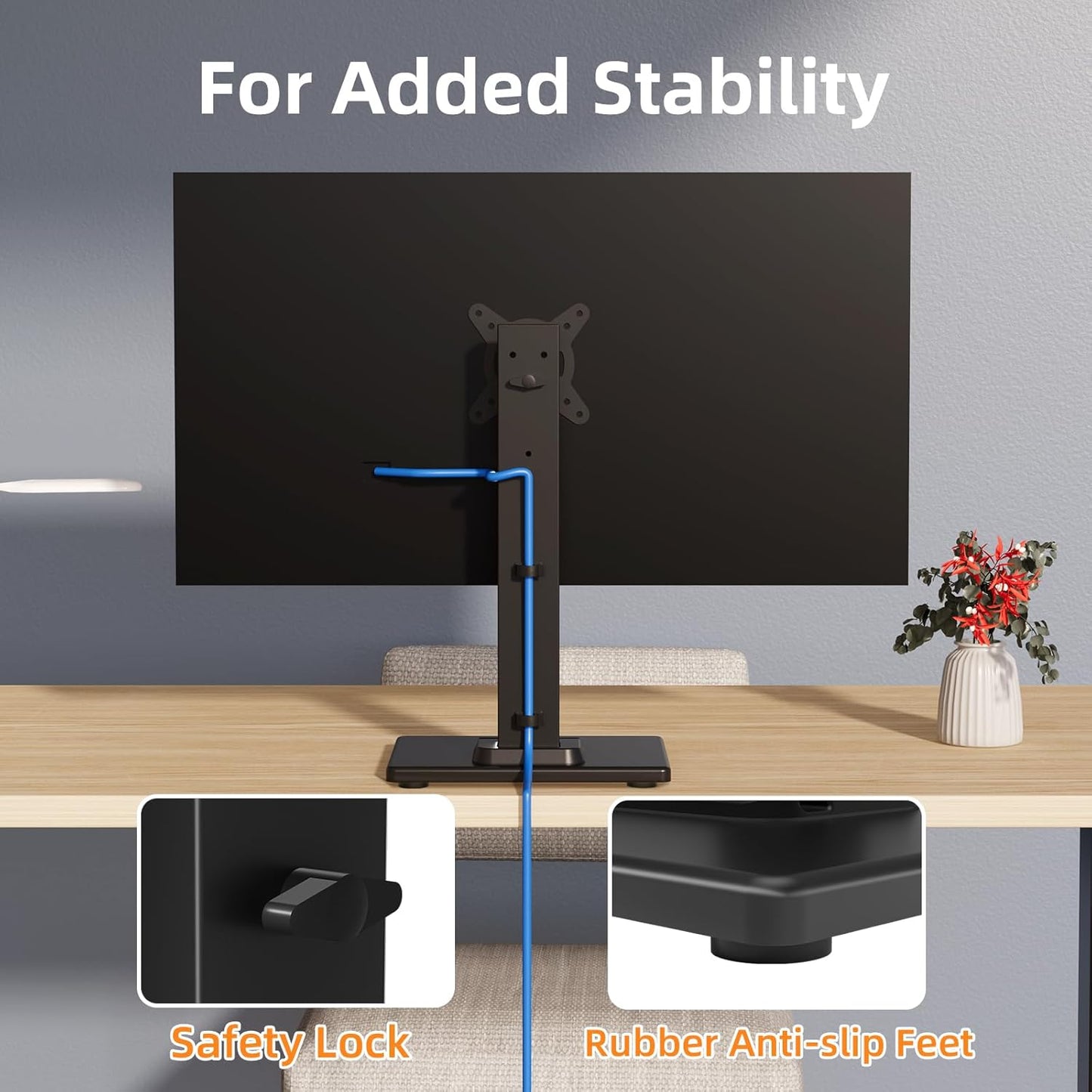 Suptek Single LCD Computer Monitor Free-Standing Desk Stand Mount Riser for 13 Inch to 43 Inch Screen with Swivel, Height Adjustable, Rotation, 50, 75, 100mm VESA Base Stand, Black