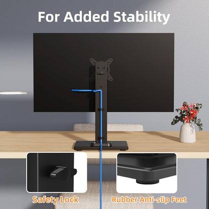 Suptek Single LCD Computer Monitor Free-Standing Desk Stand Mount Riser for 13 Inch to 43 Inch Screen with Swivel, Height Adjustable, Rotation, 50, 75, 100mm VESA Base Stand, Black