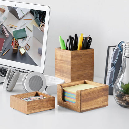Desk Organizer Set of 3 - Bamboo Office Desk Accessories - Desk Organizers and Accessories for Women Men - Set incl. Pencil Pen Holder, Paperclip Storage and Sticky Note Holder