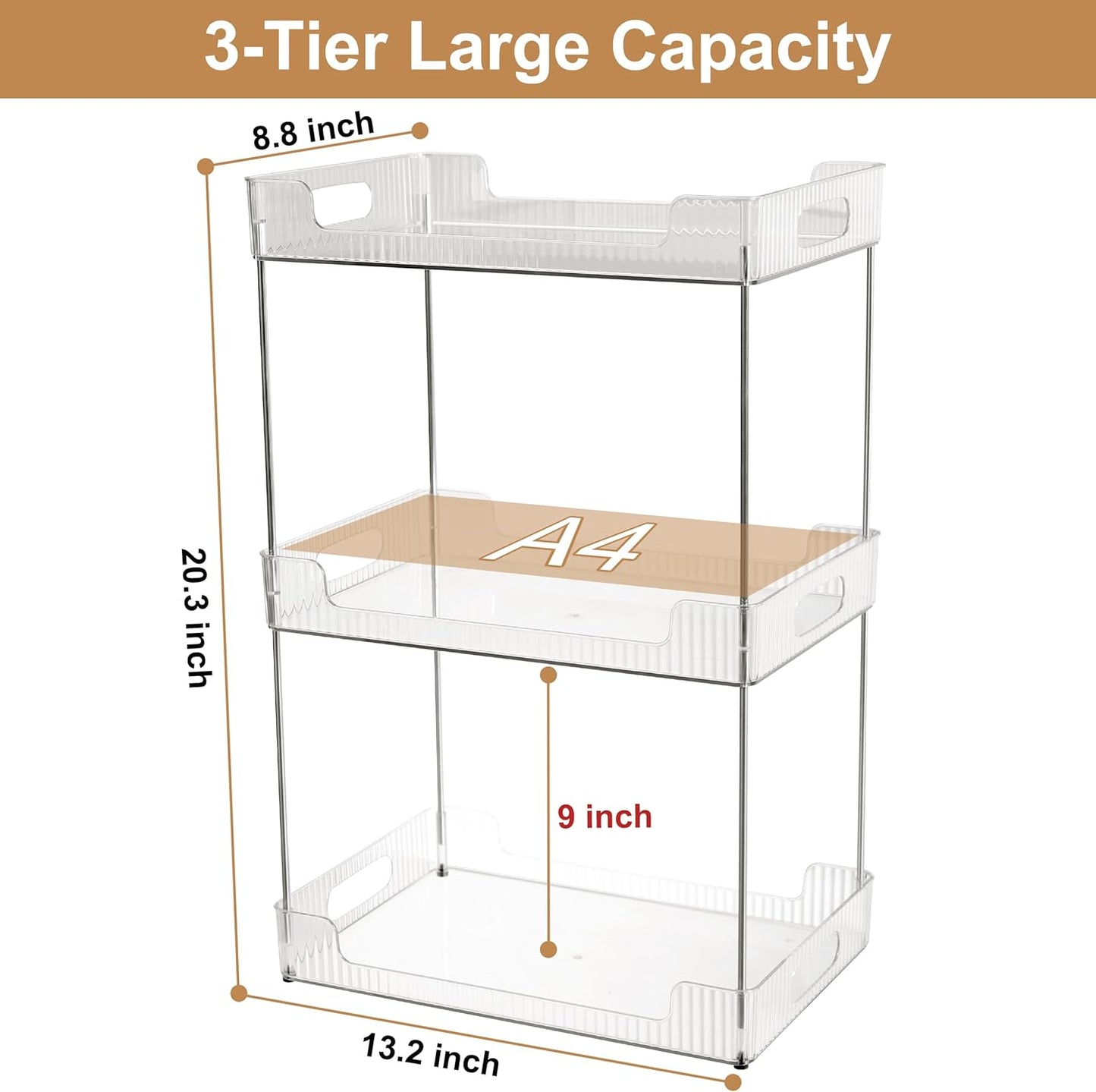 Goderewild 3 Tier Bathroom Counter Organizer, Multi-Purpose Cosmetics Skincare Shelf, Fits A4 Size Makeup Organizer for Office and Vanity Tray, Countertop Storage Solution for Kitchen,Bath.(Clear)