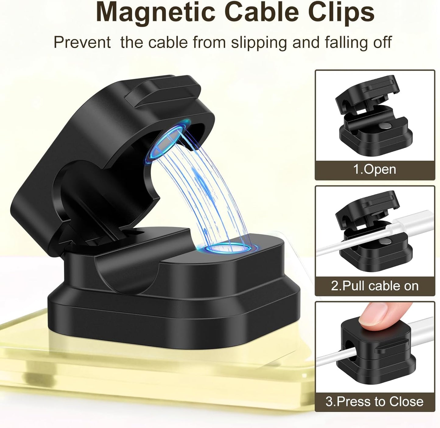 6Pack Magnetic Cable Clips Holder, Cord Organizer for Desk, Strong Adhesive Desk Cable Management for Phone Charger, Computer, Home, Office, Car (Black)