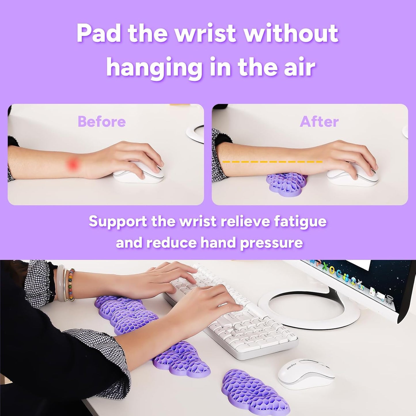 Upgrade Keyboard Wrist Rest Set, Ergonomic Keyboard Mouse Wrist Support, Comfortable Memory TPE Wrist Rest for Typing Pain Relief Computer Laptop Mac Gaming Office Wish Gift (Purple, 16.5" L)
