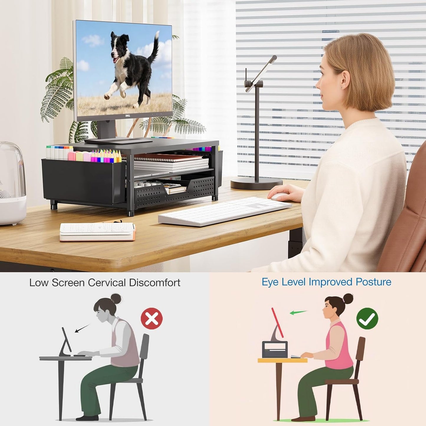 OPNICE Desk Organizers and Accessories, Computer Monitor Stand Riser with Drawer and 2 Pen Holders, Printer & Laptop Stand, Office Desk Accessories & Workspace Organizers for Home Office Supplies, Black