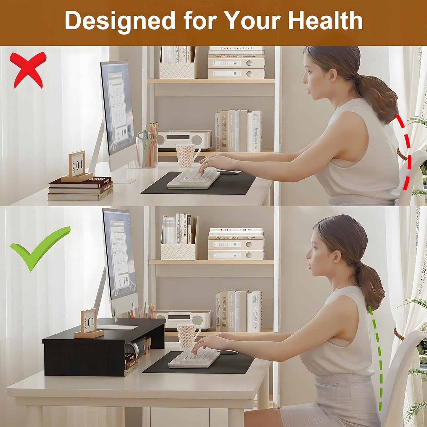 Qupui Computer Monitor Stand Riser with Drawer and Pen Holders, Desk Organizer Shelf and Accessories, Office Desk Accessories, Office Organization, Black