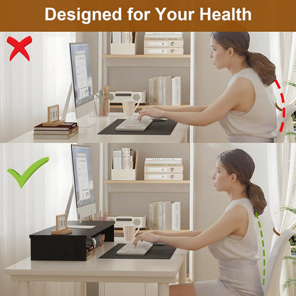Qupui Computer Monitor Stand Riser with Drawer and Pen Holders, Desk Organizer Shelf and Accessories, Office Desk Accessories, Office Organization, Black