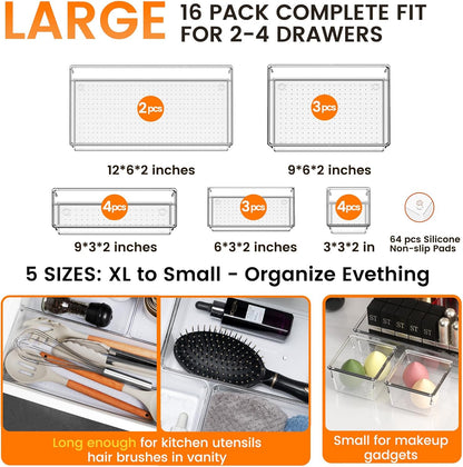 Criusia Large Drawer Organizer Bins 26 Pack | Complete 5 Size Clear Plastic Kitchen Drawer Organizers for Utensils | Bathroom Drawer Organizer Trays | Versatile for Makeup Office Organization