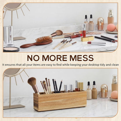 Jetec Wooden Pencil Holder 5 Compartments for Desk Adjustable Pen Holder Wood Office Desk Organizers and Accessories Makeup Brush Organizer for Pen, Home, Office and Art Supplies (White)