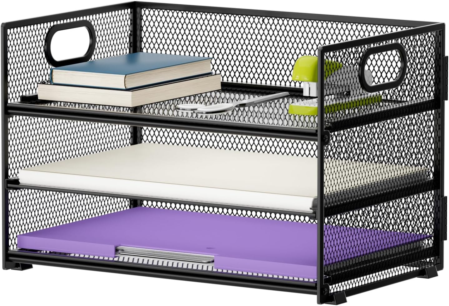 Marbrasse 3 Tier Paper Organizer Letter Tray, Mesh File Organizer with Handle, Paper Sorter Desk Organizer for Home Office Supplies
