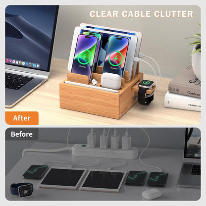 Bamboo Charging Station for Multiple Devices with 5 Port USB Charger, 5 Charger Cables and Smart Watch Stand. Wood Desktop Dock Stations Electronic Organizer for Cell Phone, Tablet, Watch, Office