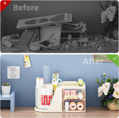 Marbrasse Desk Organizer with 2 Drawer, 360°Rotating Pen Holder, Desk Organizers and Accessories with 6 Slots Pencil Organizer + 2 Drawer, Art Supply Storage Box Caddy for Office (White)
