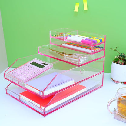 Clear Acrylic Desk Organizer for Office or Home Desk Drawer Dividers, Makeup Vanity Storage Bins, Stackable 4-Pack, Acrylic Accessory and Half Accessory Tray/Small Tray