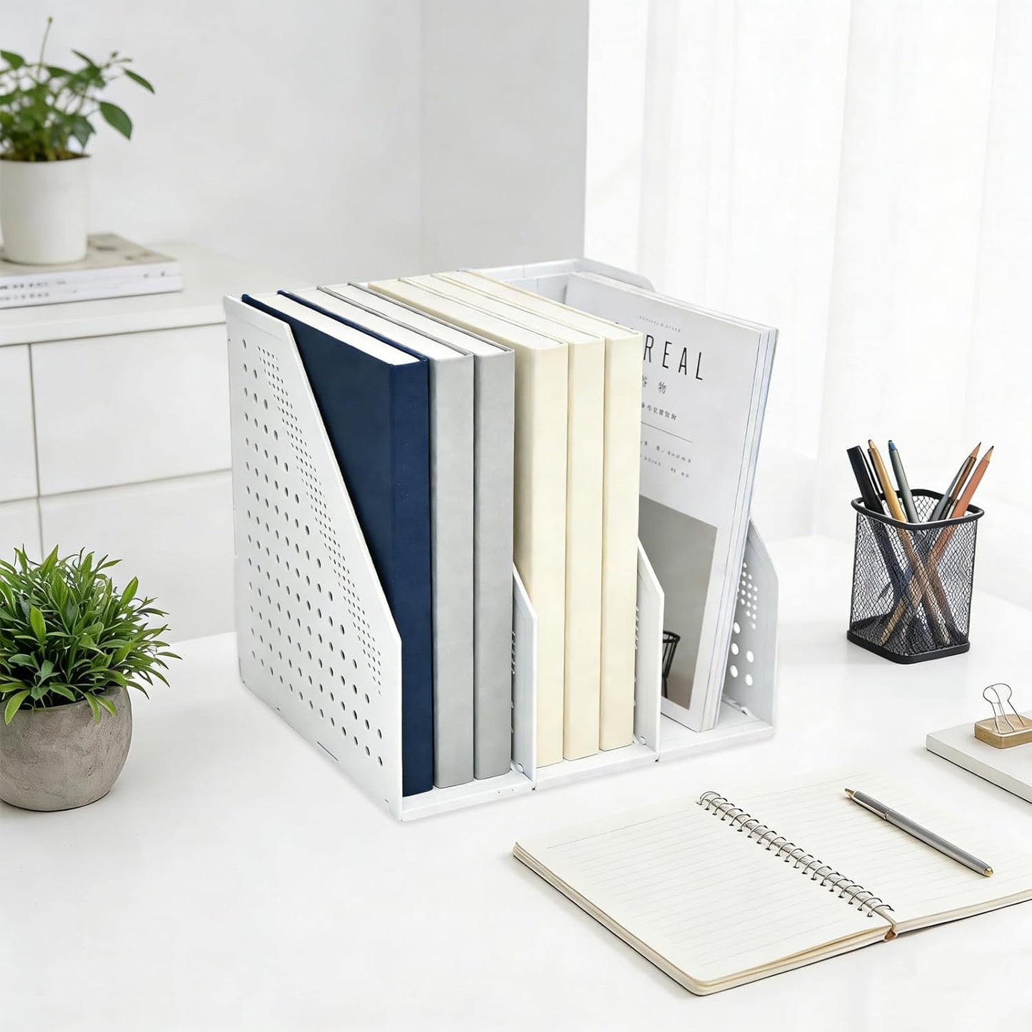 SAYEEC 2Pcs Collapsible Plastic Magazine File Holder Vertical Binder Storage Organizer for Desk Sturdy Upright Desktop Magazine Organizer Folder Rack for Office School Home (3 Compartments, Black)