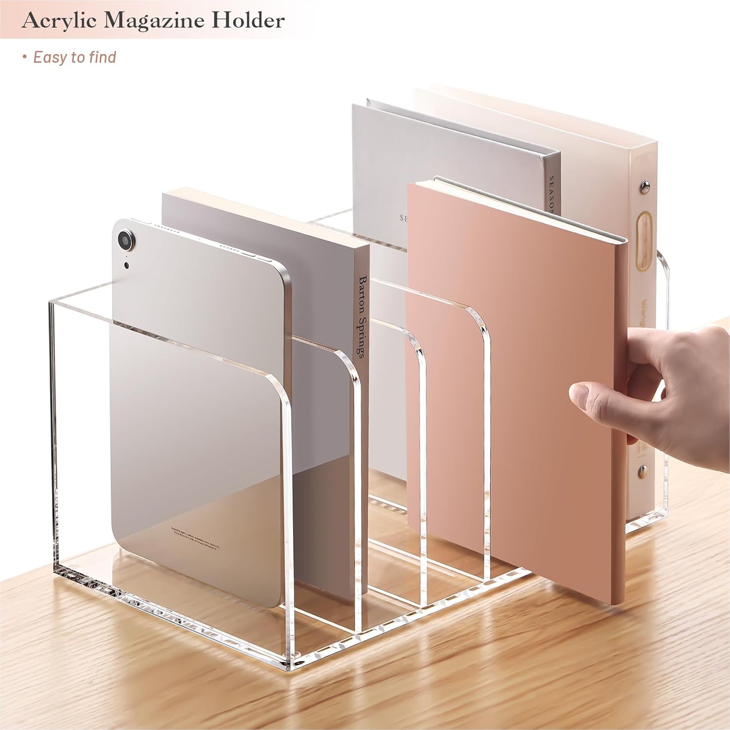 YUXUN Acrylic Magazine Holder,Clear Desk Organizer File Sorter for Notebook,Paper,Envelope,Magazine, Book Storage-Office/Home/Classroom Organization(4 Compartments,B5)