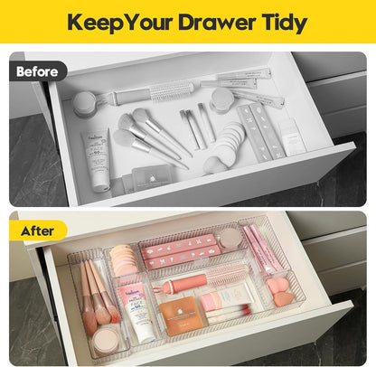 Drawer Organizer Bins, 7 Pcs Clear Stackable Makeup & Desk Organizer with Interlocking Clips, 4 Sizes Vanity Drawer Trays for Bathroom Cosmetic, Home Office & Kitchen