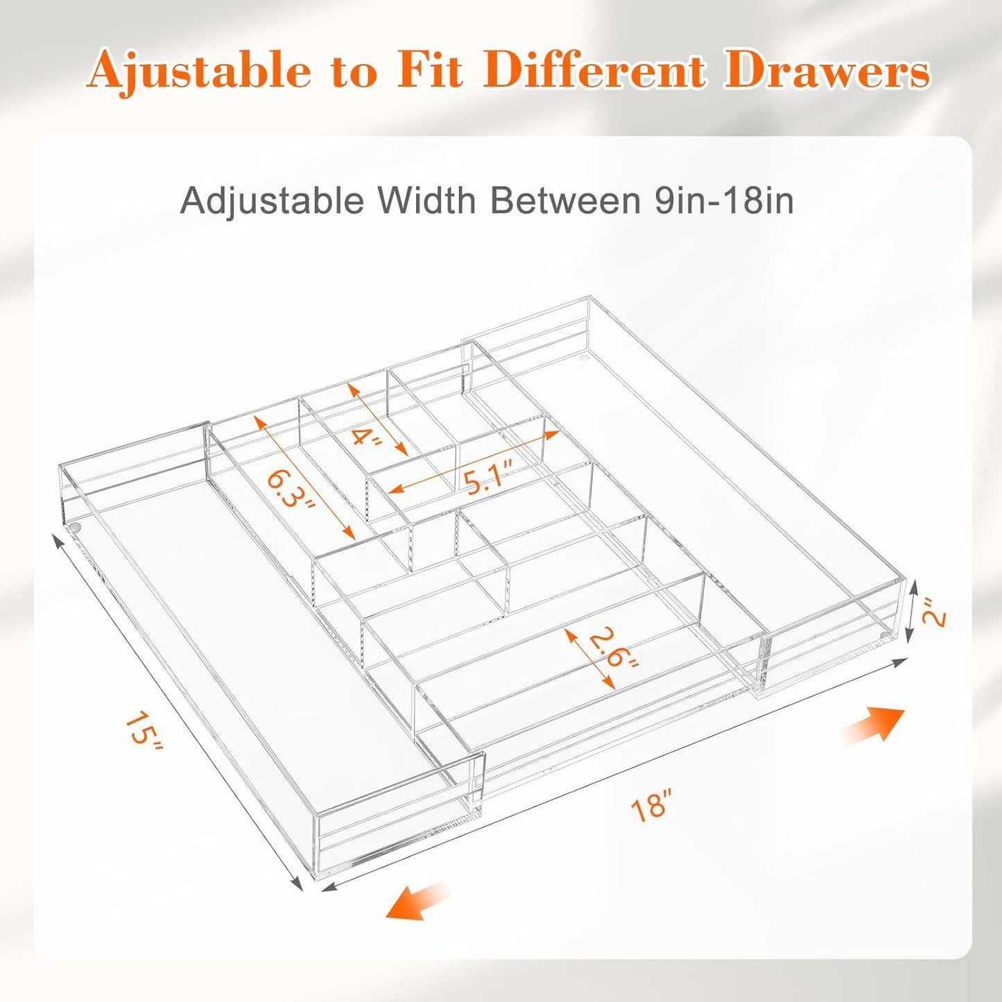 Briwooody 1 Pcs Acrylic Desk Drawer Organizer 9'' up to 16'' x 12'' x 2.2'' Expandable Drawer Organizer Trays with 10 Adjustable Compartments Clear Desk Accessories for Makeup Office Bathroom