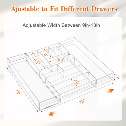 Briwooody 1 Pcs Acrylic Desk Drawer Organizer 9'' up to 16'' x 12'' x 2.2'' Expandable Drawer Organizer Trays with 10 Adjustable Compartments Clear Desk Accessories for Makeup Office Bathroom