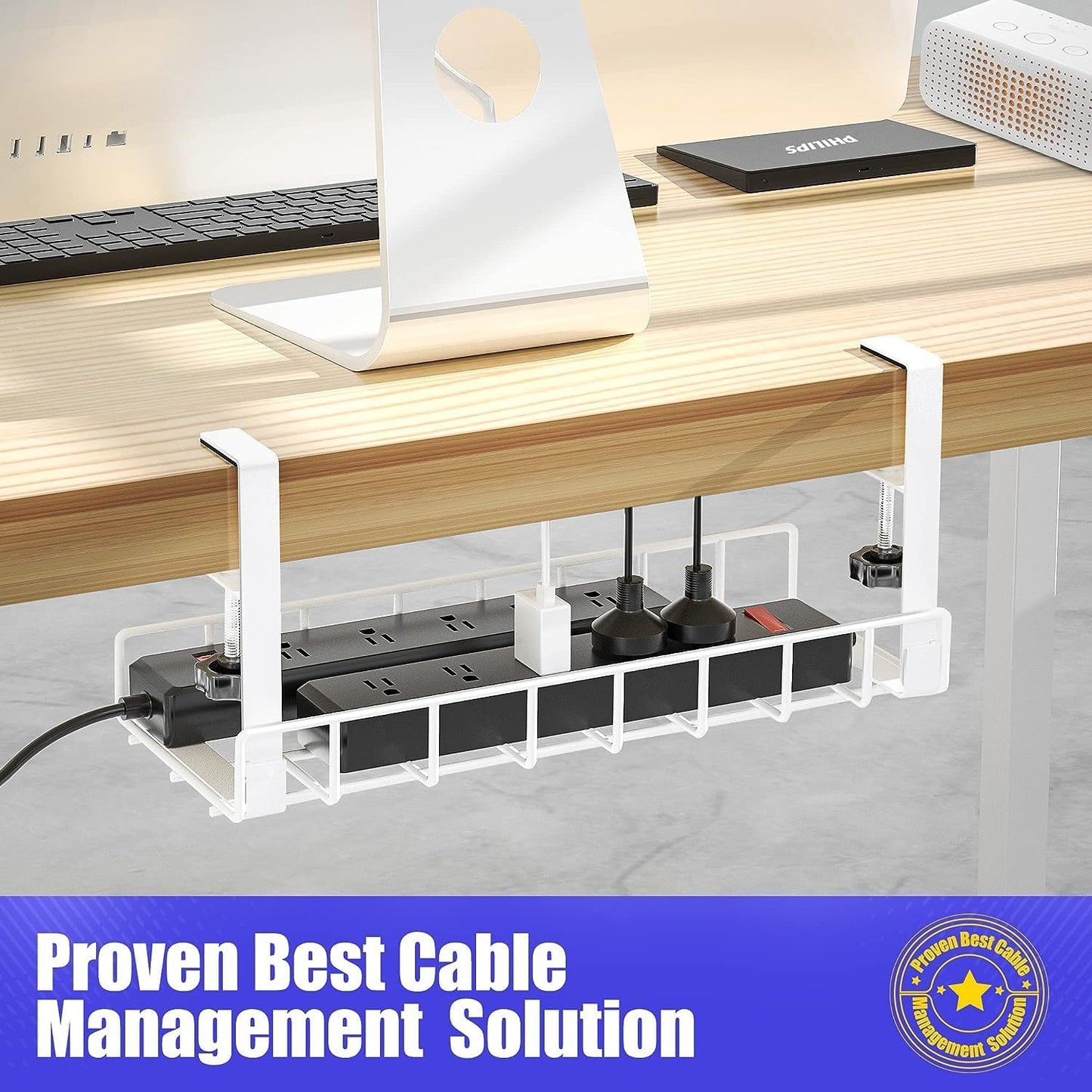 Under Desk Cable Management Tray, Xpatee Upgraded Wire Management No Drill No Screws, Cable Tray with Clamp for Wire Organizers, Computer Cord Rack for Office, Home - No Damage to Desk White