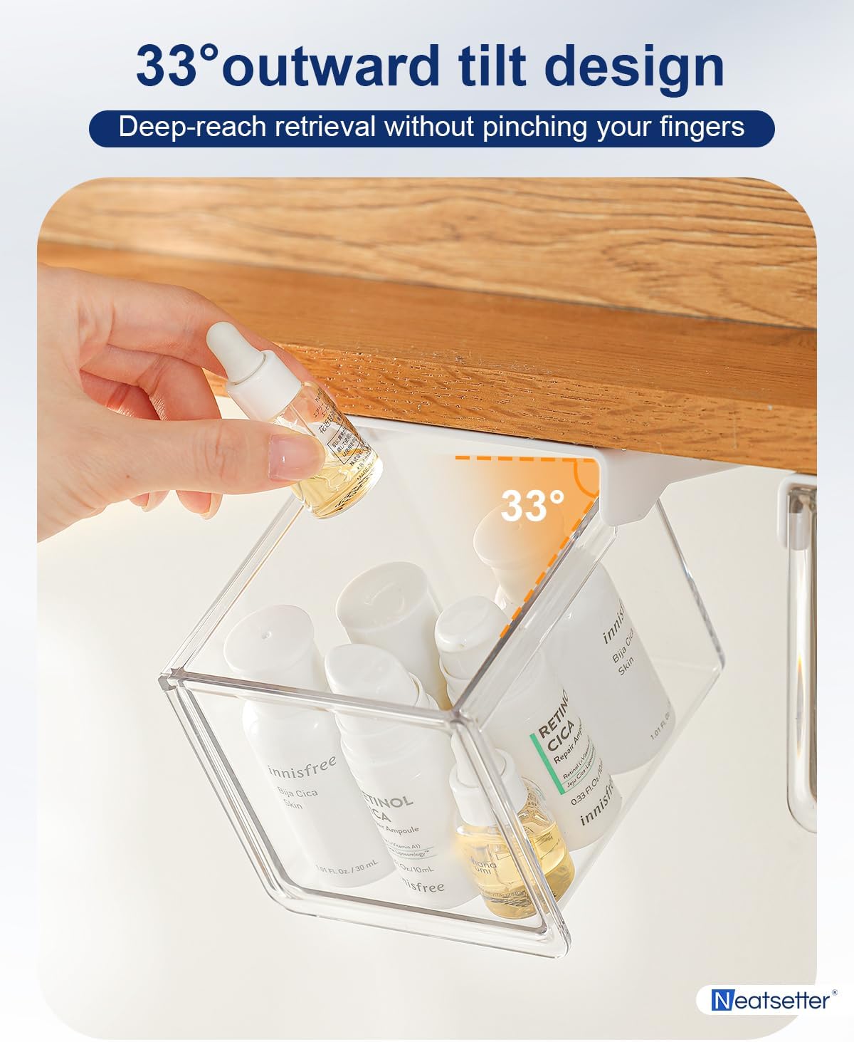 Hanging Cabinet Organizer – 33° Tilted Under Desk Drawer & Bathroom Storage – Self-Adhesive Clear Pull-Out Bins for Kitchen, Office & Vanity (Medium)