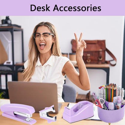 suniya Office Supplies,Gold Desk Accessories,with Stapler,Tape Dispenser,Pen Holder,Scissors,Phone Stand,Staple Remover,Ballpoint Pen,Clear Tape, Staples,Ruler,Clips,Best Gift for Business or Boss