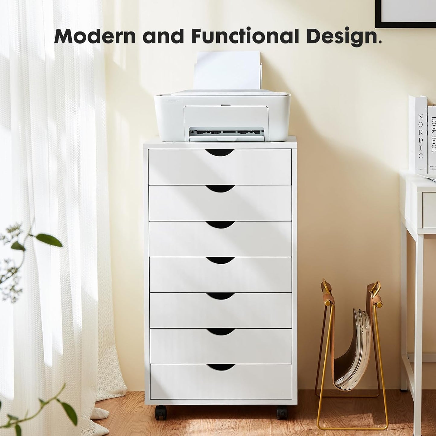 OLIXIS 7 Drawer Mobile File Cabinet Under Desk Storage Organization with Wheels Vertical Filing Chest Rolling Wood Small Desk Printer Stand for Home Office, 15.75"D x 18.74"W x 34.25"H, Black