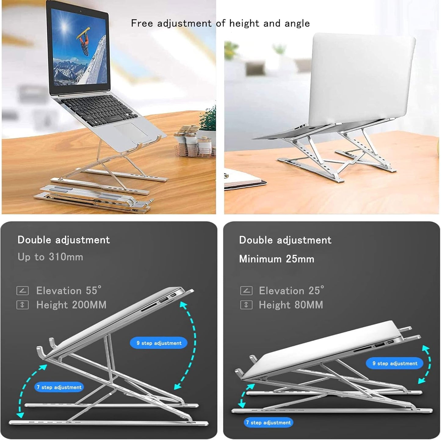 Ergonomic 7-Levels Angles Adjustable Laptop Stand, Portable Laptop Stand for Desk, Aluminum + Silicone Foldable Ventilated Cooling Laptop Riser for 10-17” Laptops, Tablets (Silver)