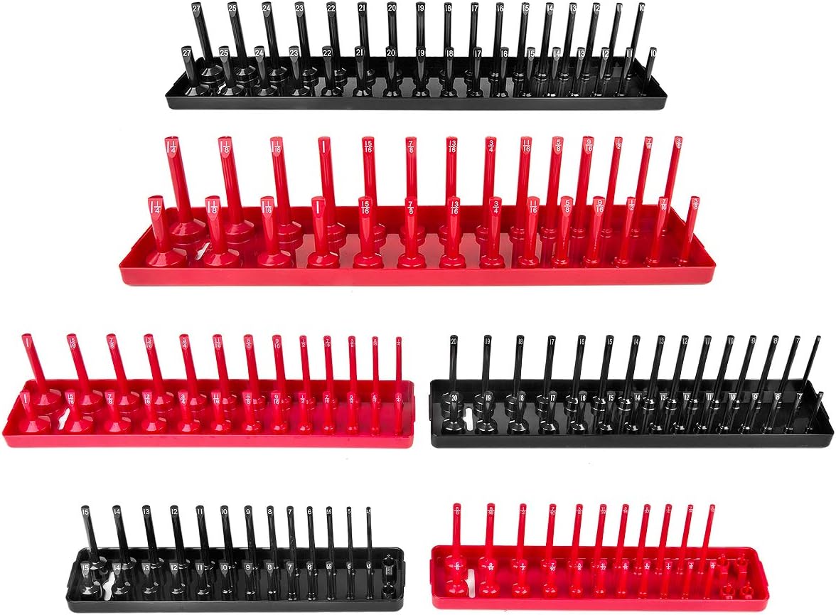 AIUITIO 6PCS Socket Organizer Tray Set, Red SAE & Black Metric Socket Storage Trays, 1/4-Inch, 3/8-Inch & 1/2-Inch Drive Deep and Shallow Socket Holders for Toolboxes