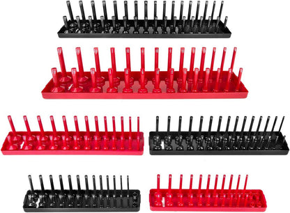 AIUITIO 6PCS Socket Organizer Tray Set, Red SAE & Black Metric Socket Storage Trays, 1/4-Inch, 3/8-Inch & 1/2-Inch Drive Deep and Shallow Socket Holders for Toolboxes
