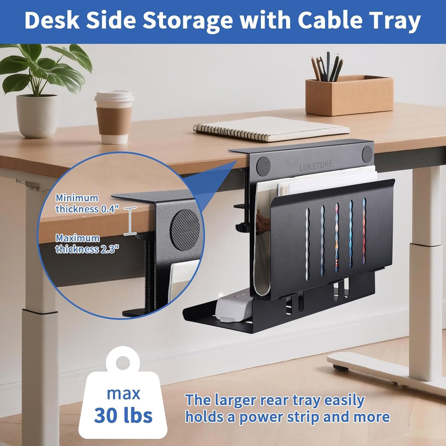 LUKETURE Desk Side Storage, Laptop Holder with Cable Management Tray, 2 in 1 Steel Under Desk Laptop Mount, Table Organization, Space Saving Table Accessories for Office and Home (Black)