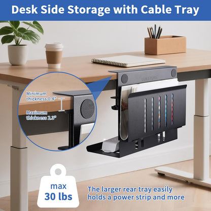 LUKETURE Desk Side Storage, Laptop Holder with Cable Management Tray, 2 in 1 Steel Under Desk Laptop Mount, Table Organization, Space Saving Table Accessories for Office and Home (Black)