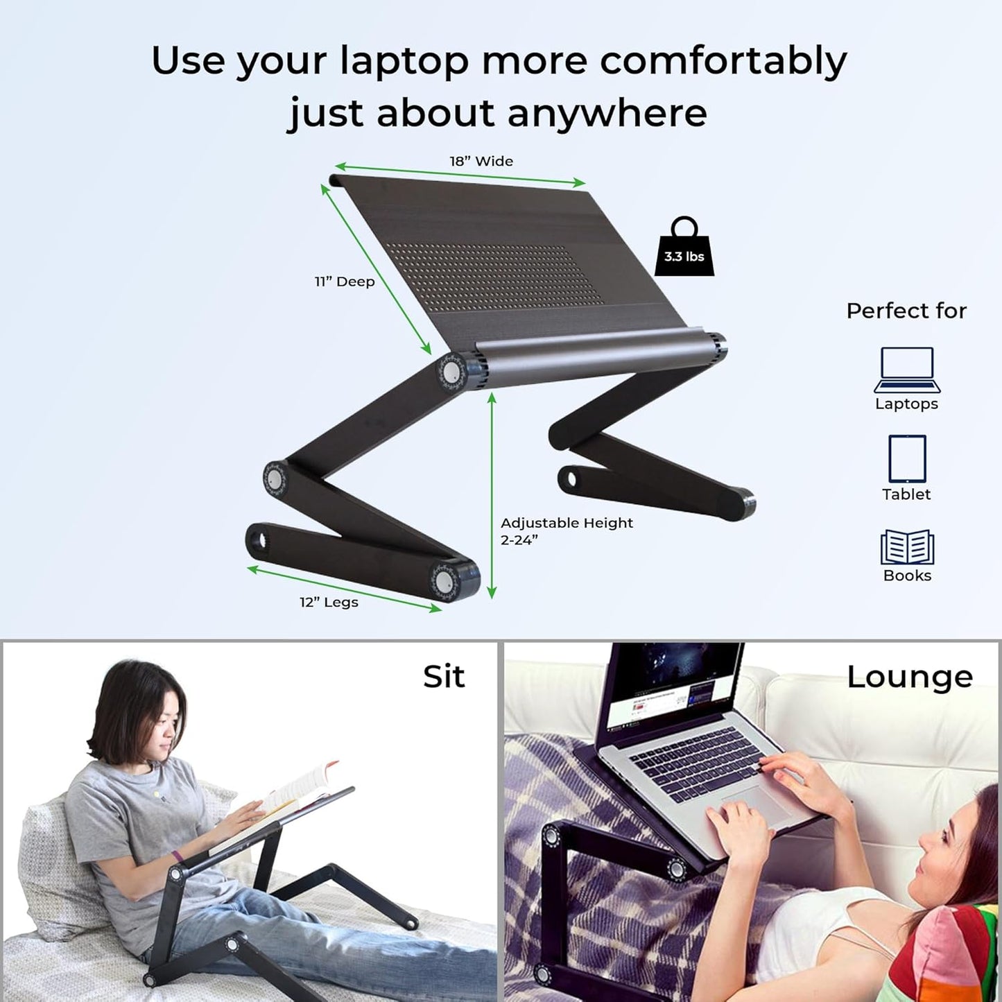 WorkEZ Executive Adjustable Ergonomic Laptop Cooling Stand & Lap Desk for Bed Couch folding aluminum desktop computer riser tray height tilt angle portable macbook cooling reading monitor,Black