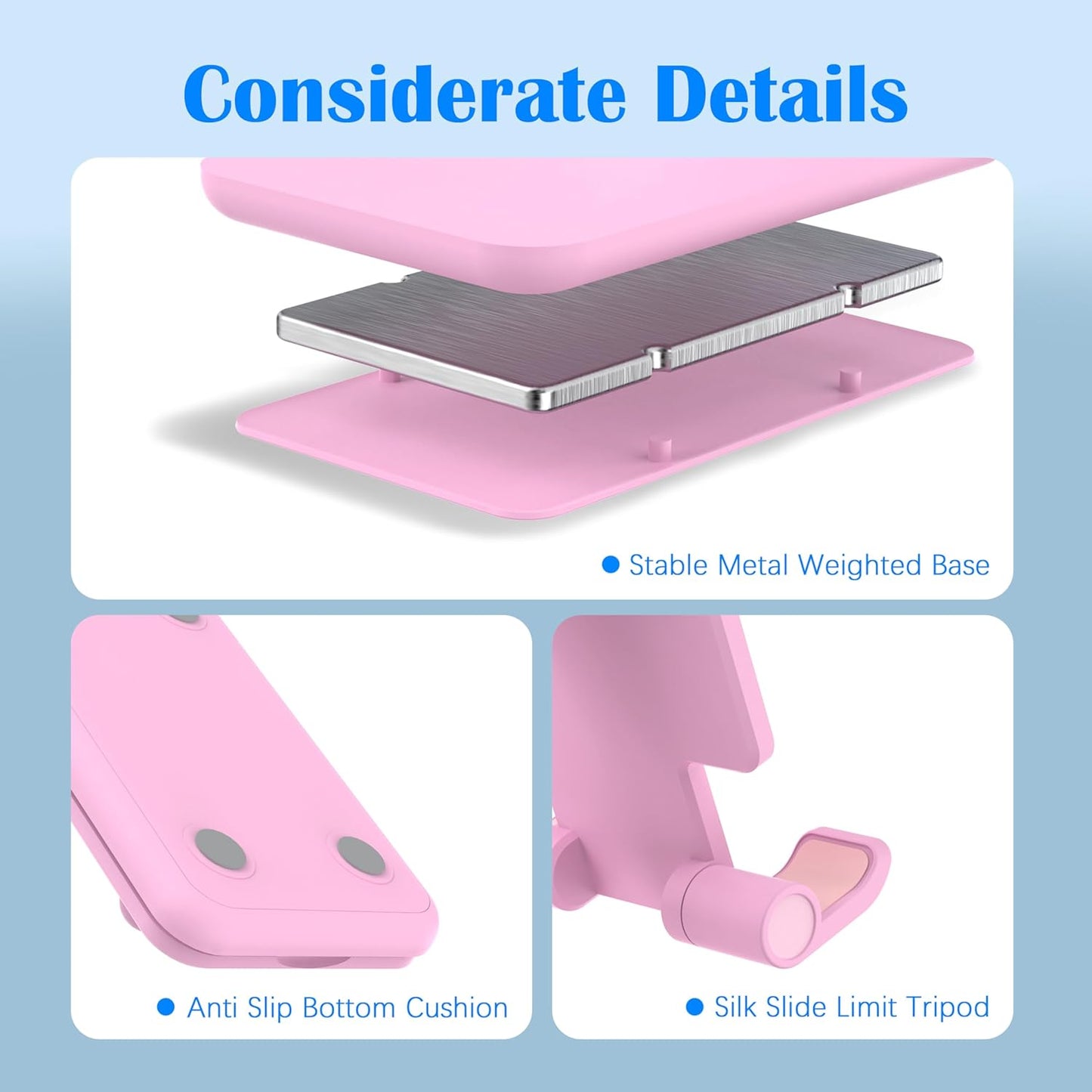 Cell Phone Stand, Adjustable Angle and Height Cell Phone Holder for Desk, Foldable and Portable, Anti-Slip Silicone Pad, Compatible with All Mobile Phones and 4-8 Inch Devices, Pink