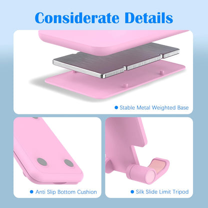 Cell Phone Stand, Adjustable Angle and Height Cell Phone Holder for Desk, Foldable and Portable, Anti-Slip Silicone Pad, Compatible with All Mobile Phones and 4-8 Inch Devices, Pink