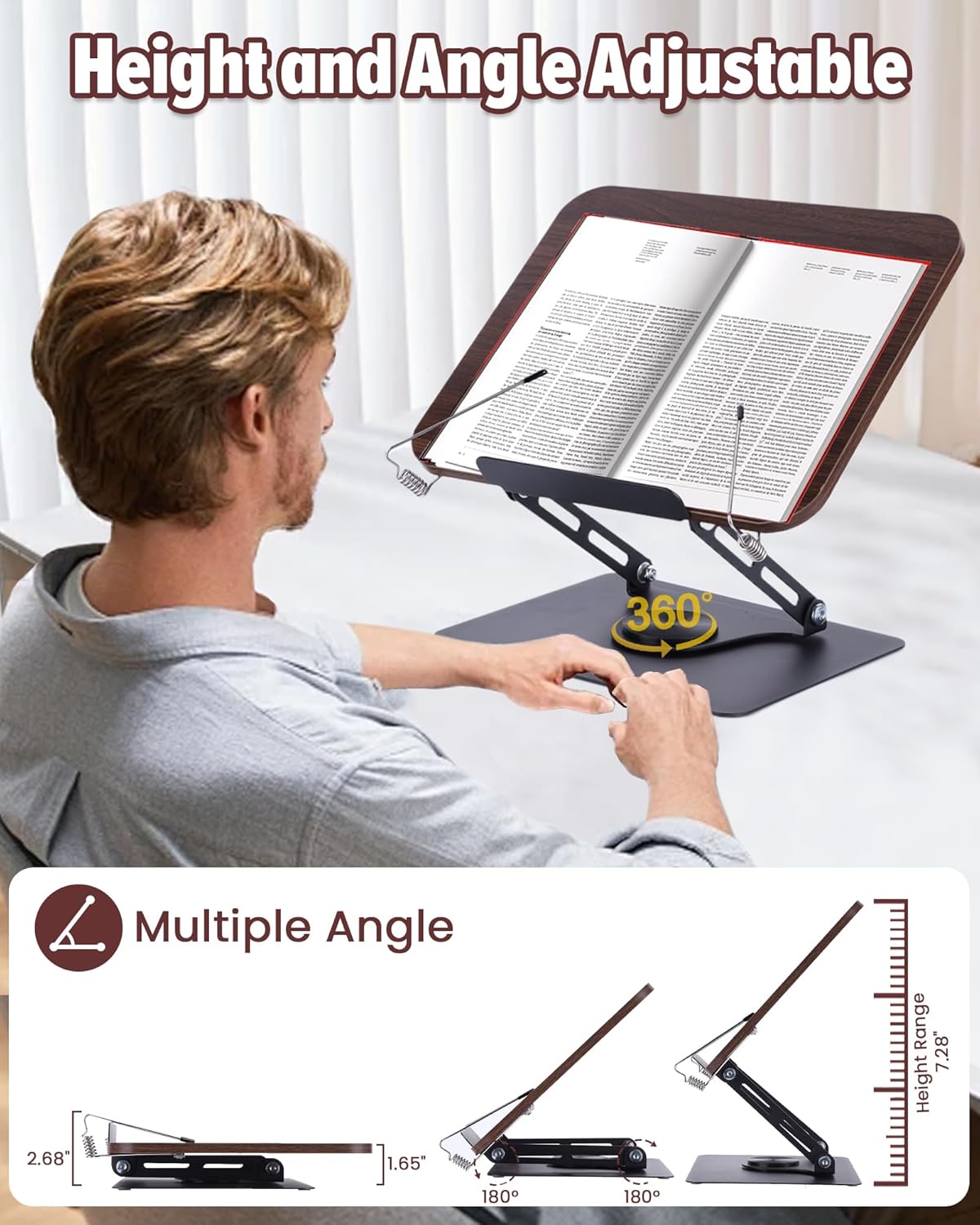 ASIEIT Desk Clamp Book Stand, Aluminum Book Holder Adjustable Height & Angle, Cookbook Stand for Kitchen, Recipe Book Holder with 360° Swivel Base, Book Stand for Reading, Office, Laptop
