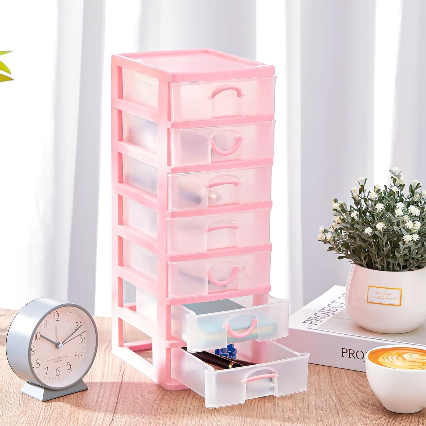 Thyle 2 Pcs Plastic Drawers Organizer Mini Organizer Stackable Plastic Clear Drawer Storage Box Containers Storage Units for Desktop Classroom Craft 6.7 x 4.9 x 13.4 inches(Purple)