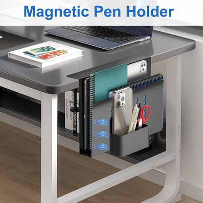 HAMOPY Desk Side Storage, Single-Layer Steel Hanging Desk Organizer with Magnetic Pen Holder, No Drilling Desk Drawer Cable Management Tray, Under Desk Laptop Holder for Office, School&Home(White)