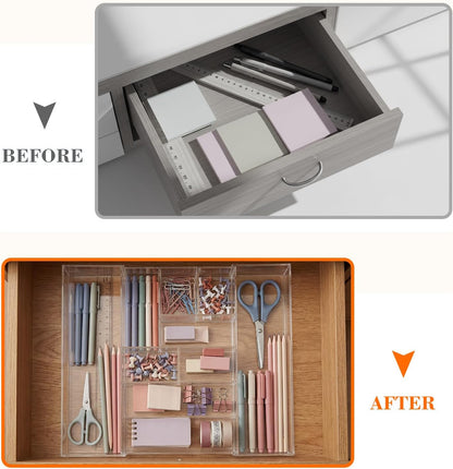 Briwooody 1 Pcs Acrylic Desk Drawer Organizer 9'' up to 16'' x 12'' x 2.2'' Expandable Drawer Organizer Trays with 10 Adjustable Compartments Clear Desk Accessories for Makeup Office Bathroom