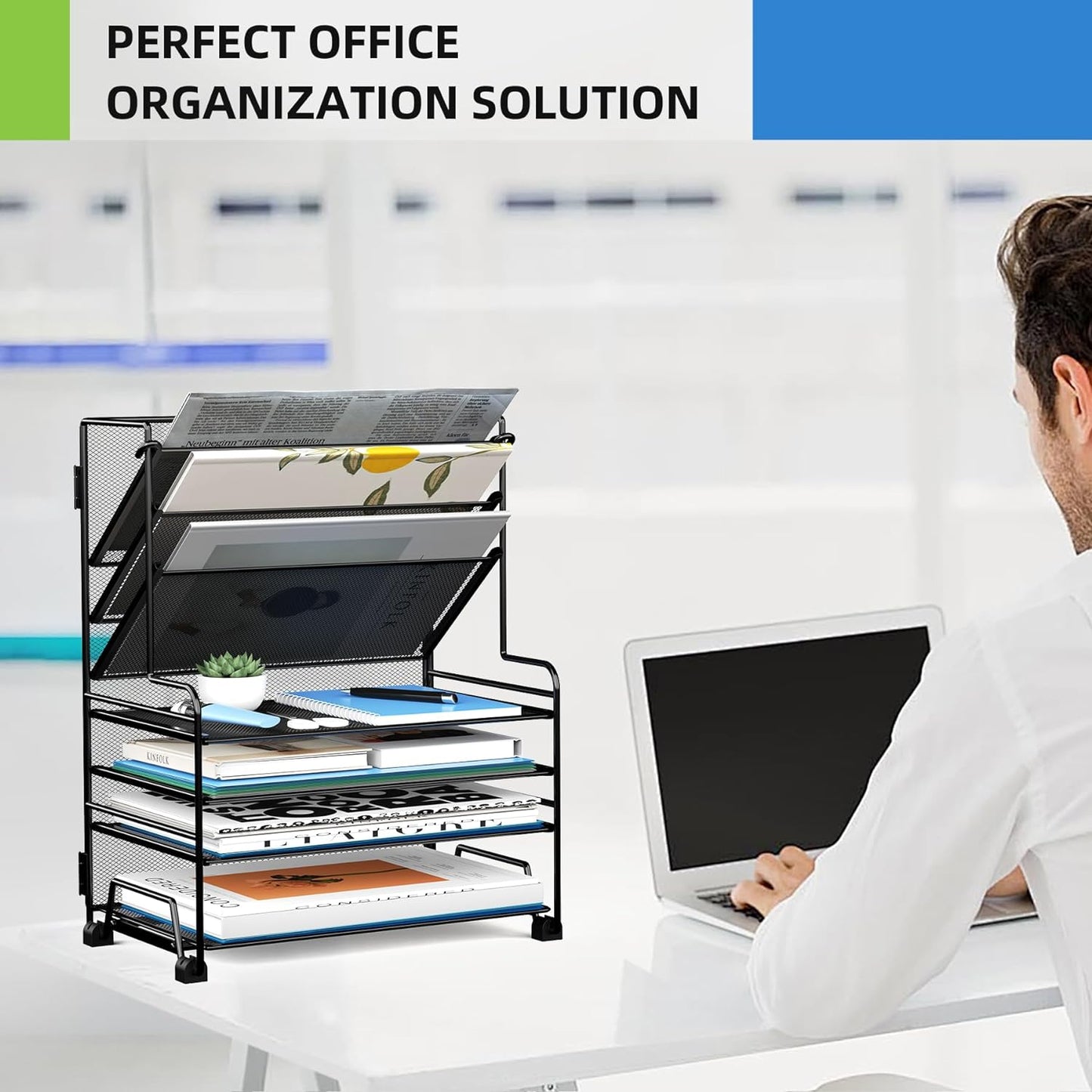 MINDEPOT 4-Tier Paper Organizer + 3-Pocket File Holder + Drawer + Pen Holders, Desktop File Organizers Paper Tray for Office Accessories School Classroom Organization (Black)