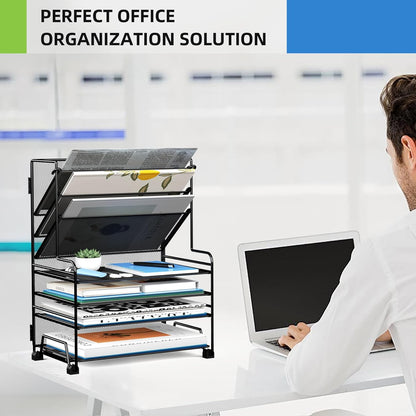 MINDEPOT 4-Tier Paper Organizer + 3-Pocket File Holder + Drawer + Pen Holders, Desktop File Organizers Paper Tray for Office Accessories School Classroom Organization (Black)