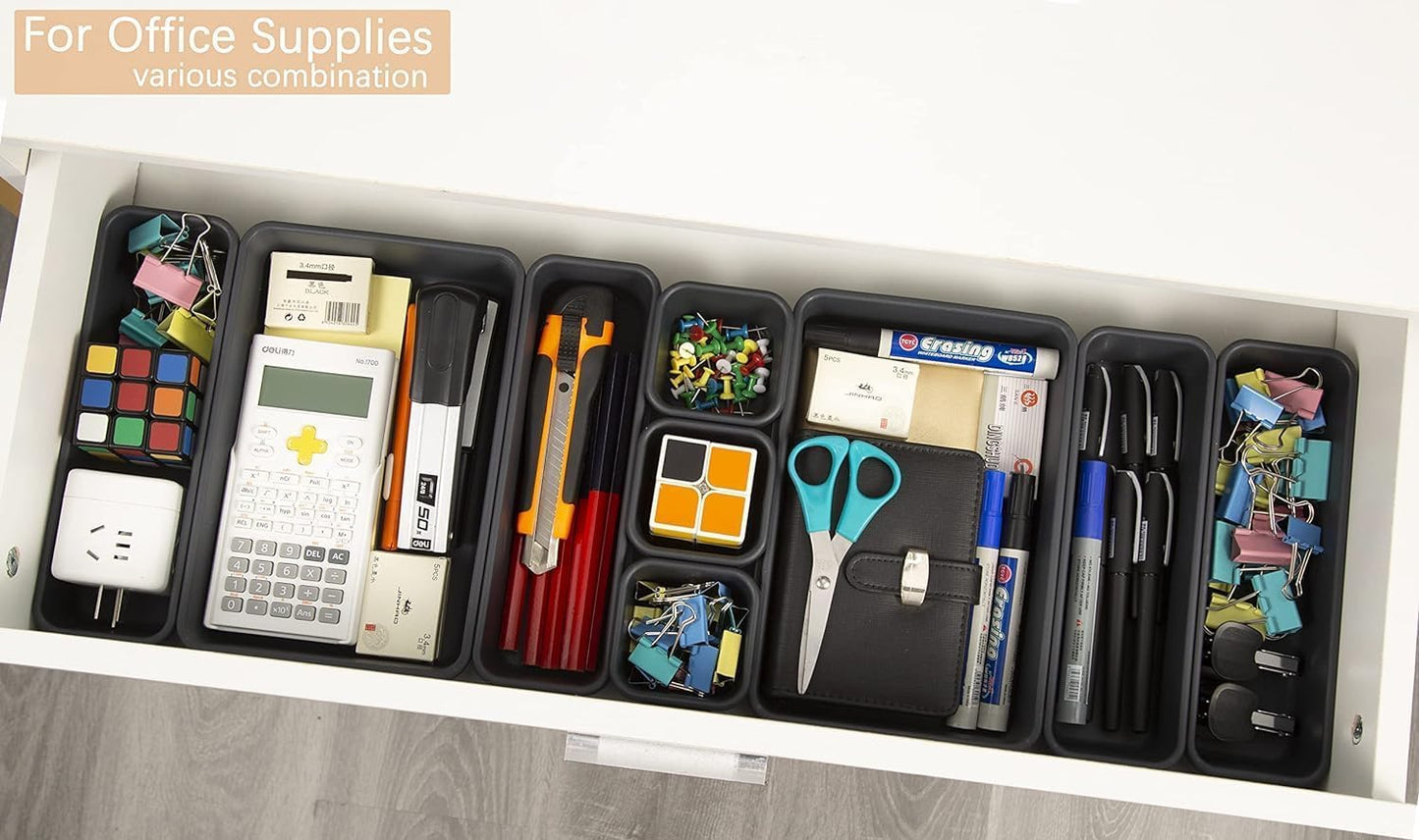 Kutesna 15 Piece Drawer Organizer Set, 3 Size Interlocking Plastic Storage Bins for Office Supplies, Jewelry Makeup Vanity, Bathroom Kitchen, Home Organization Closet, Gadgets Small Items, Black