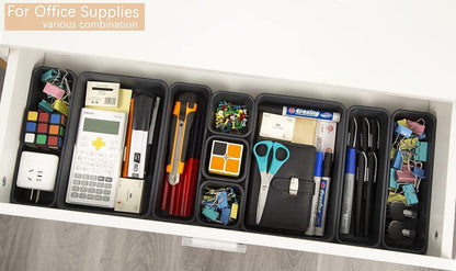 Kutesna 15 Piece Drawer Organizer Set, 3 Size Interlocking Plastic Storage Bins for Office Supplies, Jewelry Makeup Vanity, Bathroom Kitchen, Home Organization Closet, Gadgets Small Items, Black