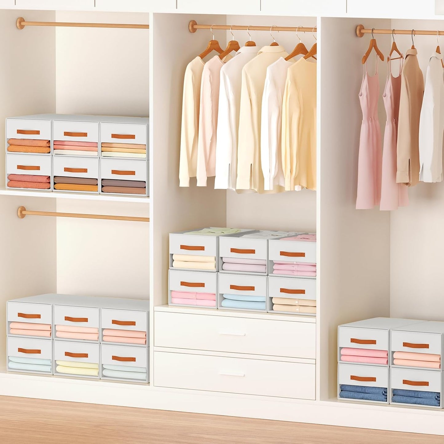 Stackable Storage Drawers - Pull Out Storage Bins with Drawers for Closet Clothes Organizers with Weekly Labels & Clear Window, Closet Shelf Storage for Bedroom, Living Room, 5 Pack, White