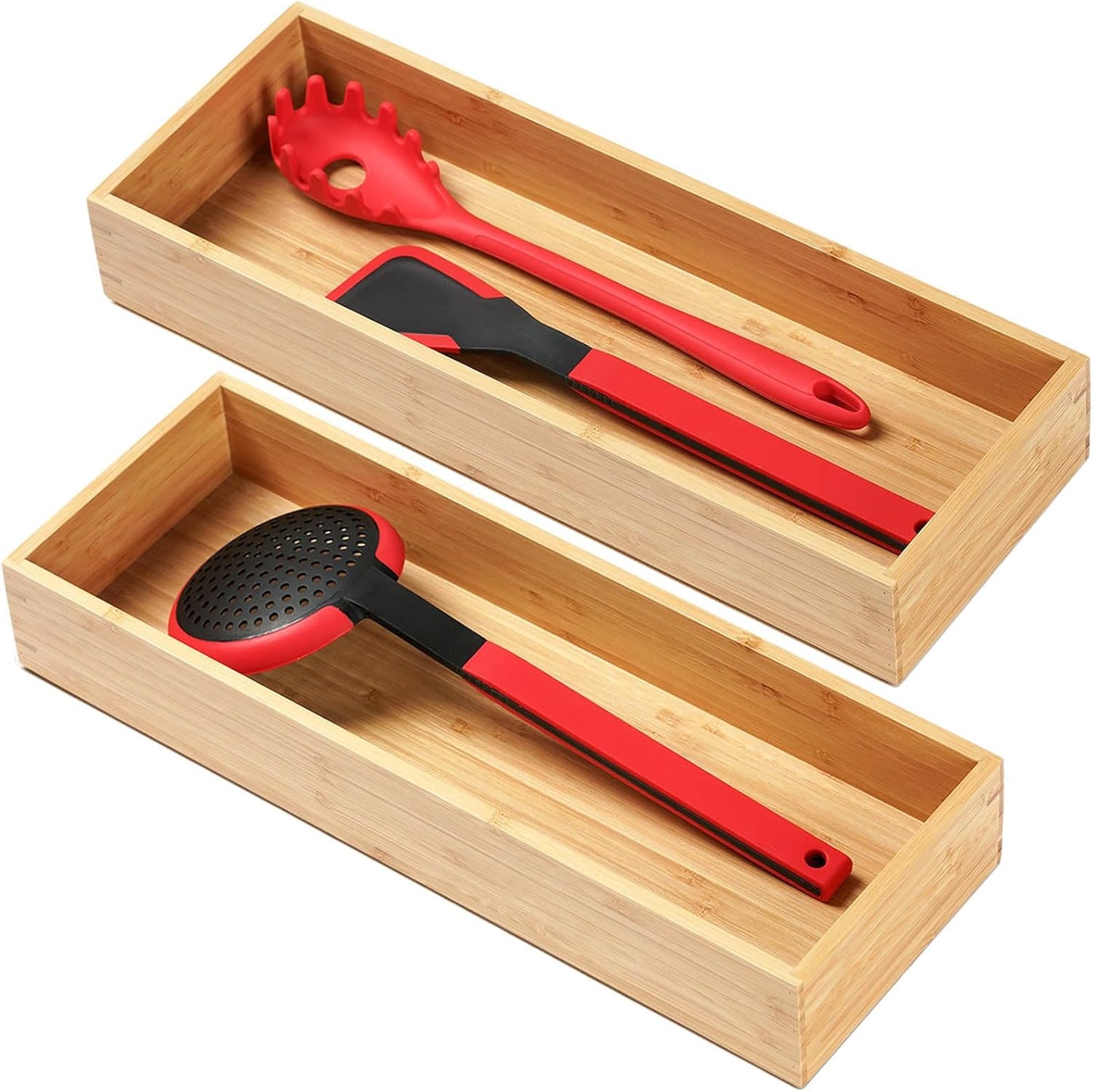 Umilife Bamboo Kitchen Drawer Organizer, Extra High Silverware Tray, Flatware Cutlery Storage Box, Multi-Use Holder in Office, Bathroom, Pantry - 9"x6"x2.5" (Set of 2)