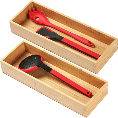 Umilife Bamboo Kitchen Drawer Organizer, Extra High Silverware Tray, Flatware Cutlery Storage Box, Multi-Use Holder in Office, Bathroom, Pantry - 9"x6"x2.5" (Set of 2)