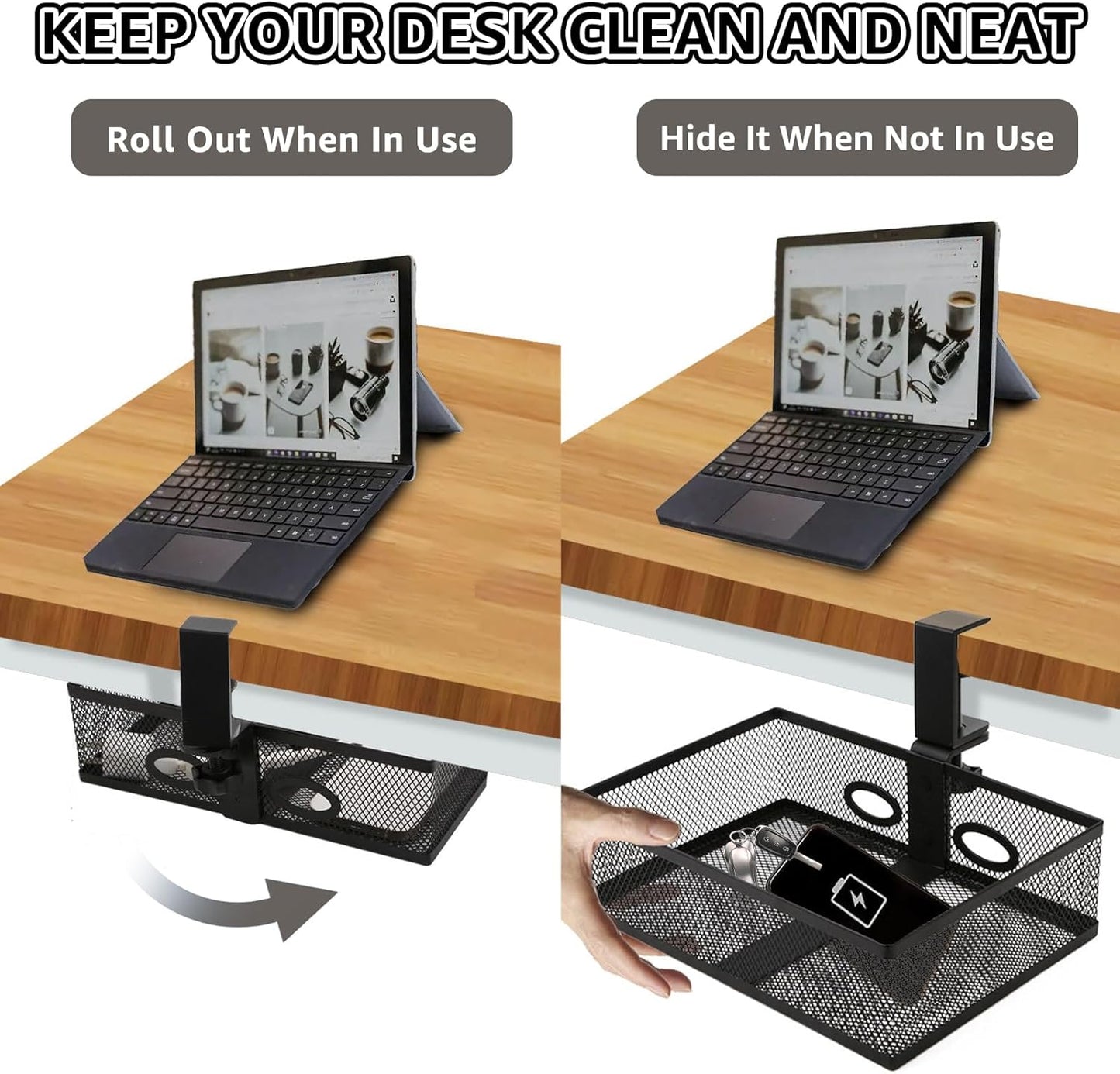 WOPPLXY Mesh Organizer and Swivel Pencil Drawer, Rotary Under Desk Drawer, Extra Sturdy C-Clamp Mount System and Easy to Install, 360 Rotatable Under Desk Storage Drawers (Black)