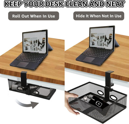 WOPPLXY Mesh Organizer and Swivel Pencil Drawer, Rotary Under Desk Drawer, Extra Sturdy C-Clamp Mount System and Easy to Install, 360 Rotatable Under Desk Storage Drawers (Black)