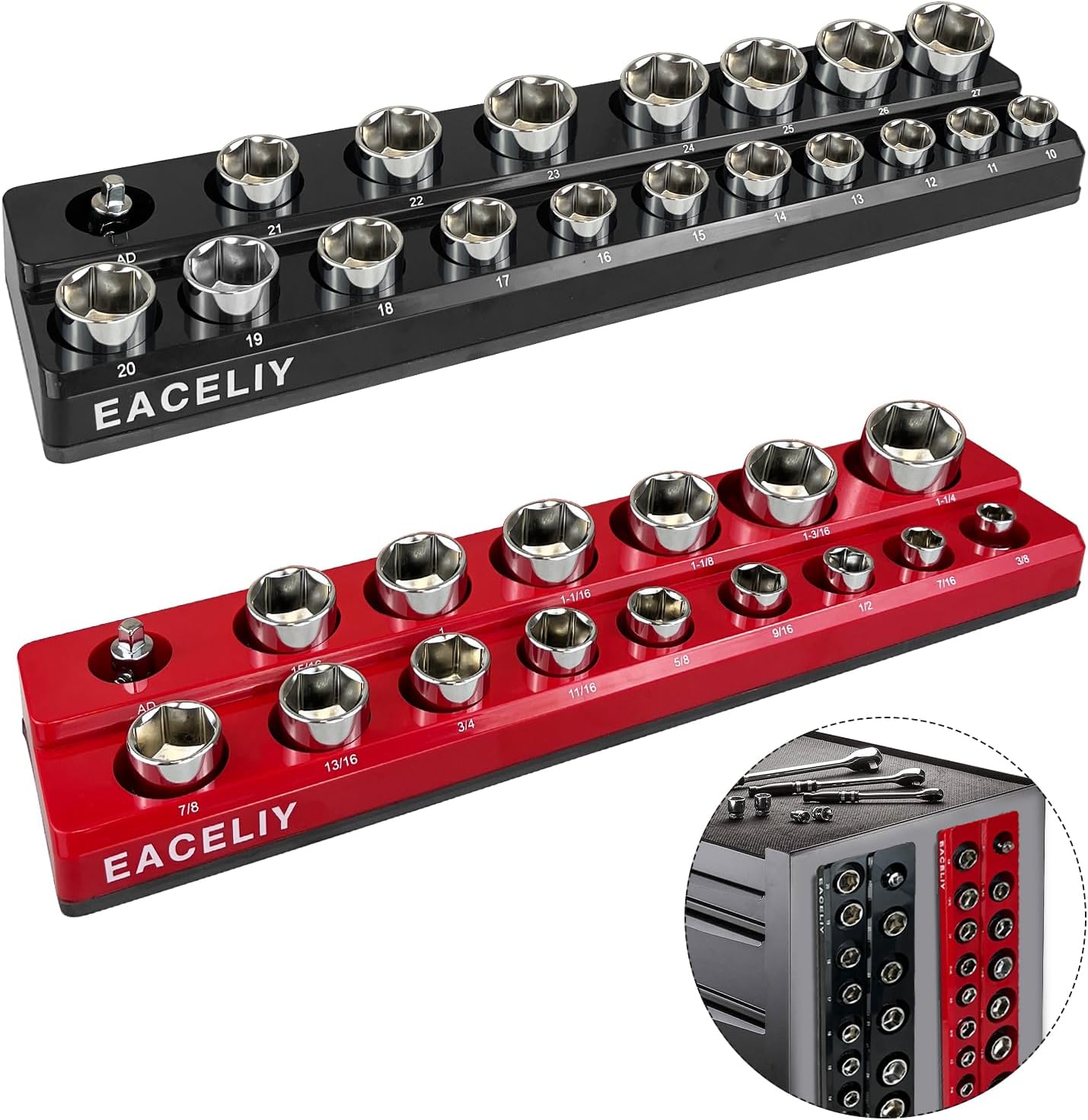 EACELIY 6-Piece Magnetic Socket Organizer Set, 1/2", 1/4" and 3/8" SAE & Metric Deep & Shallow Socket Holder Kit, holds 141 stanard Sockets, attaches to steel box/tool cart (sockets not included)