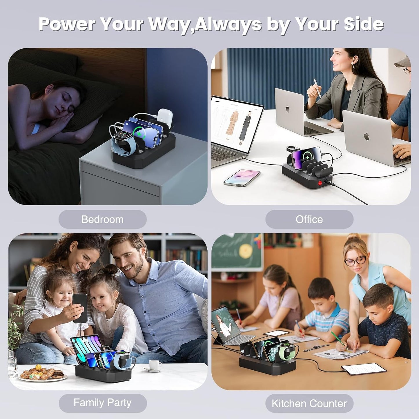[2026 Upgrade] 190W Fast Charging Station for Multiple Devices【Certified Safer Charging】 6 Port USB Charger Station - Multi-Device Charging Dock with Phone/MacBook/iPad/Tablet (8 Mix Cables Included)